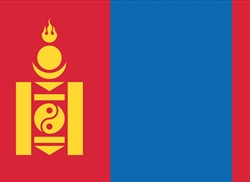 [ai] The national flag of Mongolia, featuring vertical stripes of red and blue. The left side has a yellow emblem with a flame and circular motifs, while the right side is solid blue.